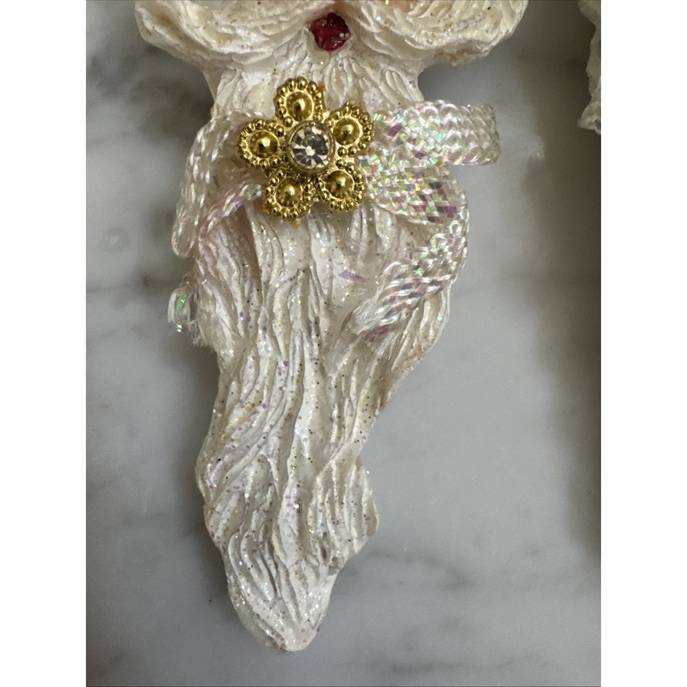 White Glitter Santa Claus Icicle Ornaments Gold Accents Faux Fur Trim Set of 2 - Picture 4 of 8